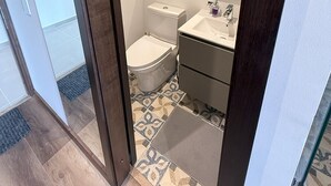 A modern bathroom with a toilet, sink, and mirror.