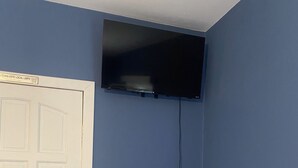 Un baño con un lavamanos blanco, una pequeña planta en maceta, un espejo y un televisor montado en la pared.