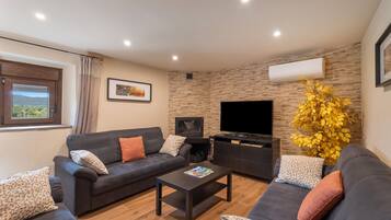 Televisie, een open haard en een tafeltennistafel