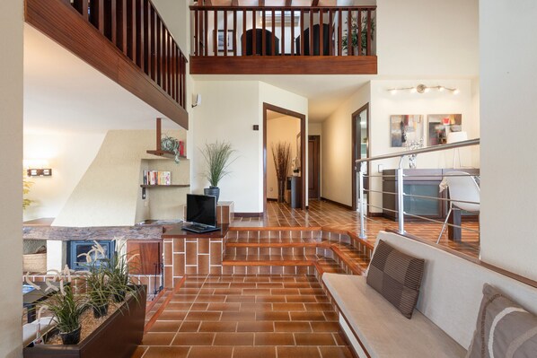 Télévision, cheminée, table de tennis de table