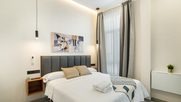 A modern hotel room with a bed, a bedside table, a wall-mounted artwork, a window with curtains, and a small plant on the radiator.