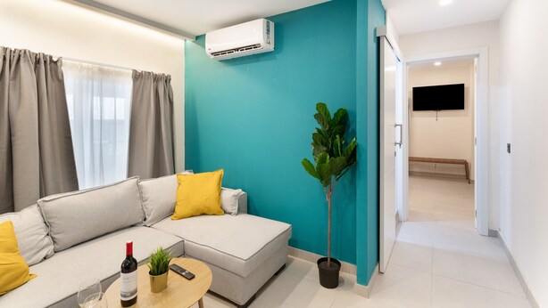 A modern living room with a sofa, a coffee table, a potted plant, and a flat-screen TV mounted on the wall.