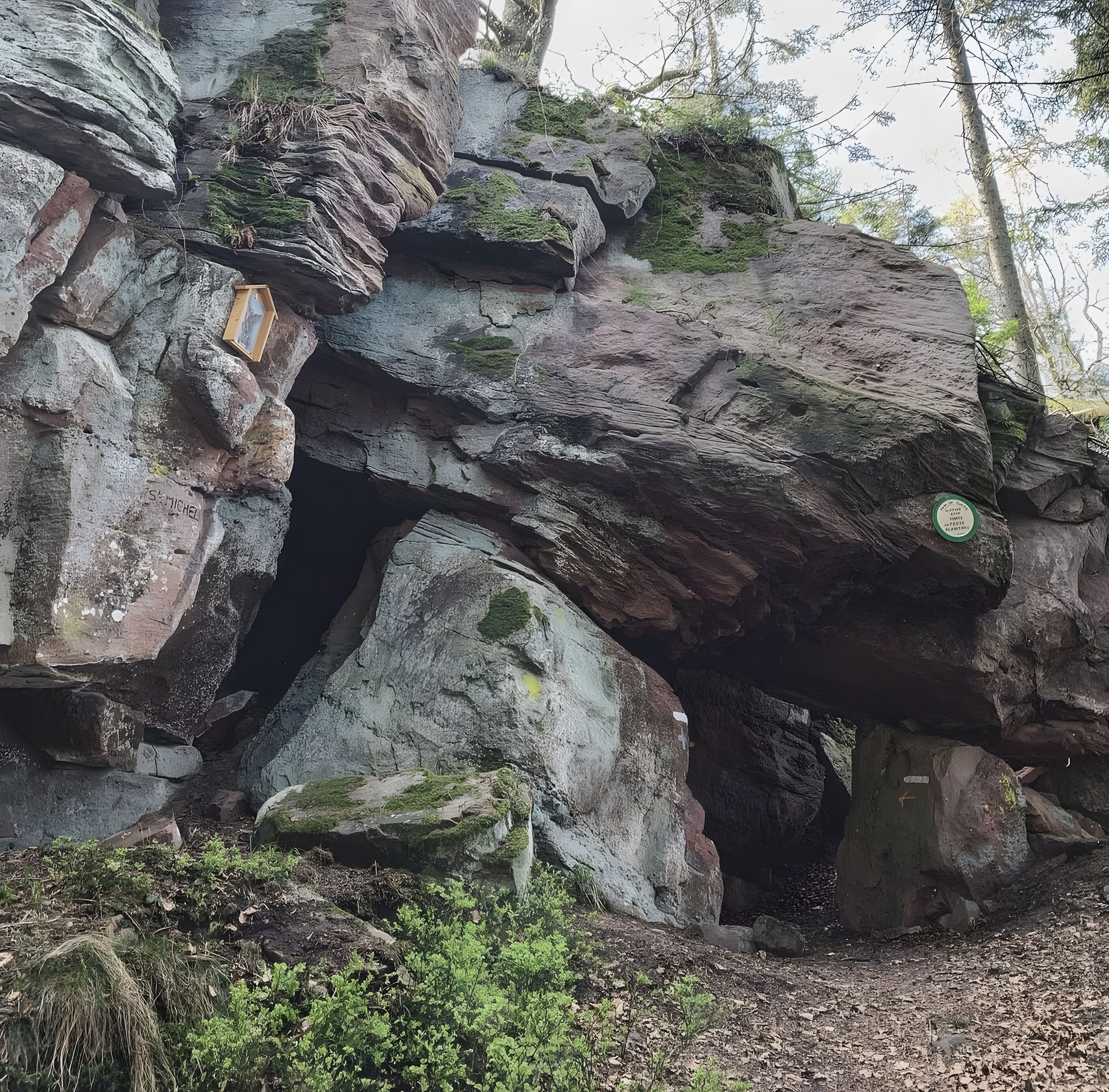 A natural rock formation with a cave entrance, surrounded by vegetation.