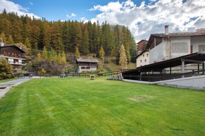 A grassy area with buildings, a wooden fence, and a forested hillside.