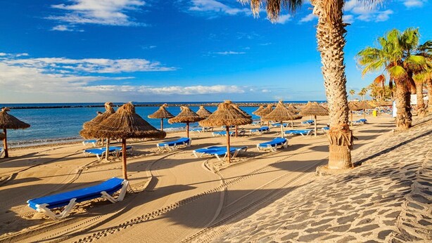 A beach with thatched umbrellas, sun loungers, and palm trees.