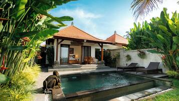 A poolside area with a house, lounge chairs, and tropical plants.