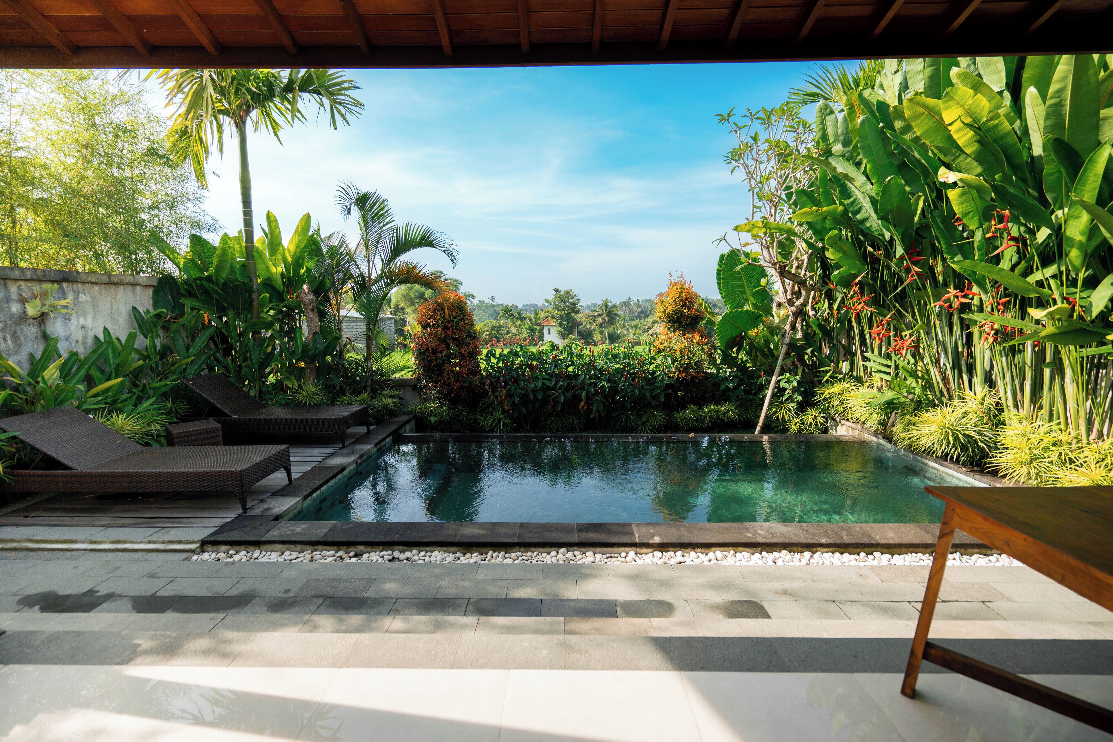 A private pool area with lounge chairs and a table, surrounded by lush tropical plants and a clear view of the sky.