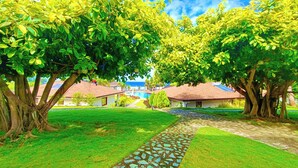Un chemin menant à une maison dotée d’une piscine, entourée d’arbres verdoyants et luxuriants.