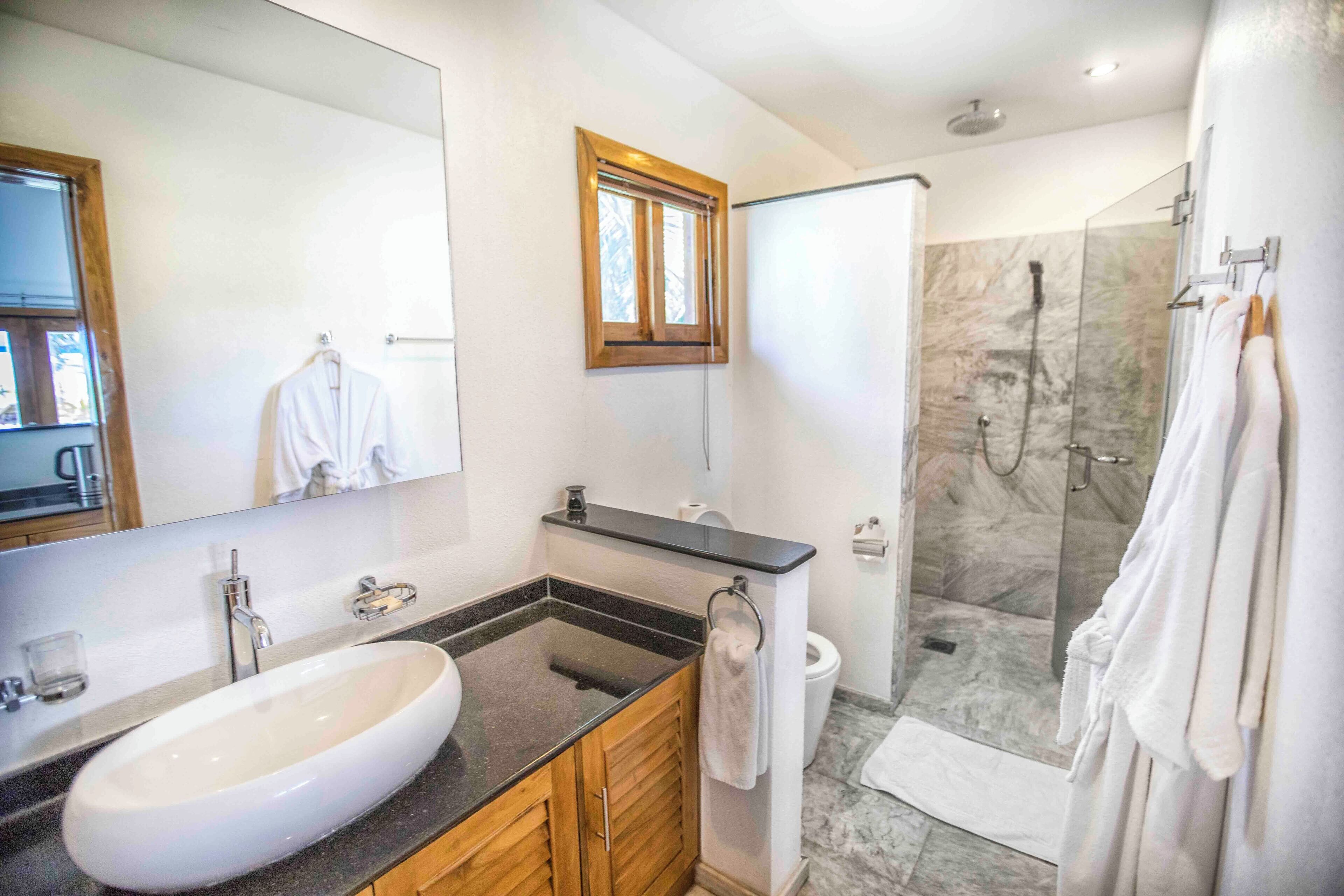 Een moderne badkamer met een groot wastafel, spiegel en douche.