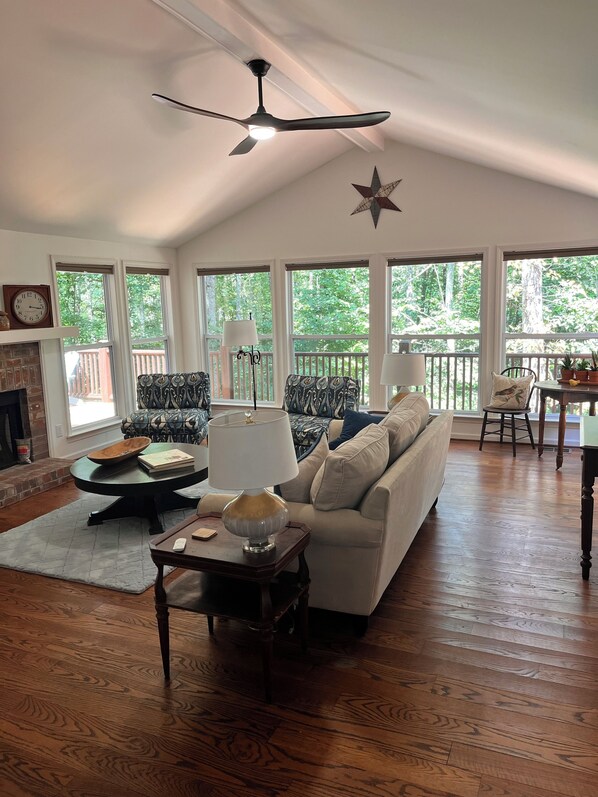 Smart TV, fireplace, books