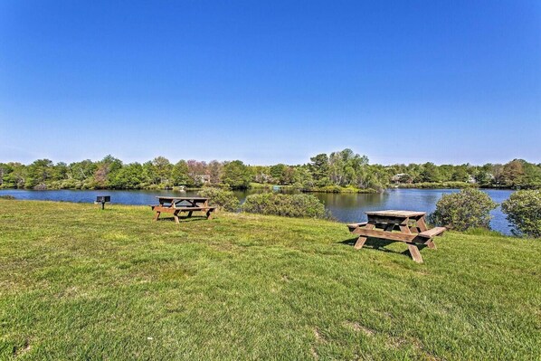 A grassy area with two picnic tables by a lake, surrounded by trees and a clear sky.