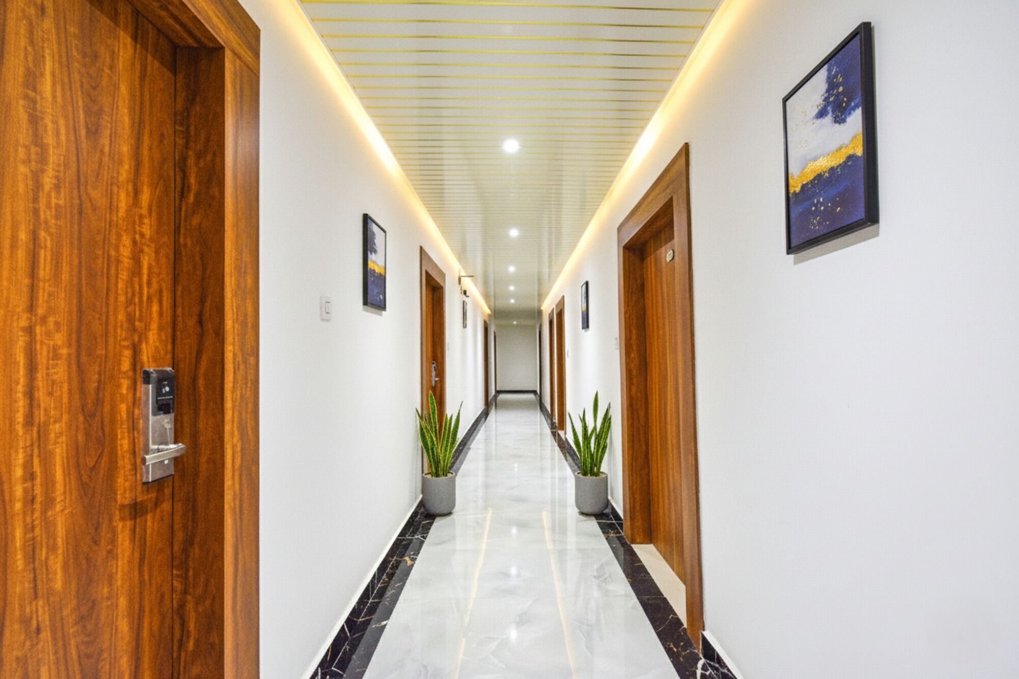 Un pasillo moderno de hotel con puertas de madera, plantas en macetas y cuadros en las paredes.