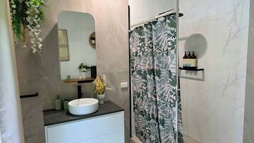 Shower, hair dryer, towels, soap