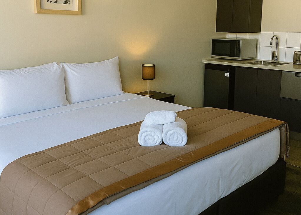 A hotel room with a bed, a bedside table with a lamp, a microwave, and a small kitchen area.