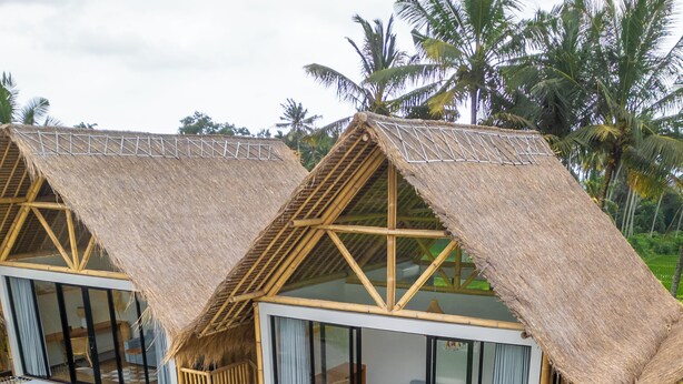 Een resort met rieten villa's, een zwembad en weelderige begroeiing.