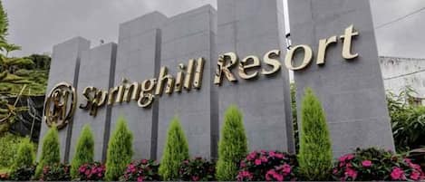 A sign for Springhill Resort with a modern design and a landscaped area with shrubs and flowers.