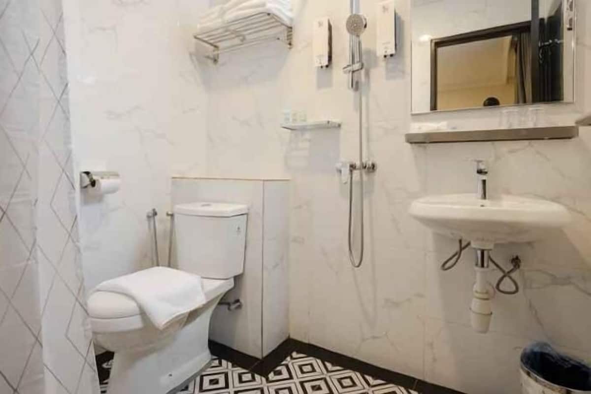 A bathroom with a toilet, a shower, a sink, and a mirror.