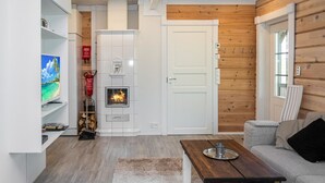 Een moderne woonkamer met een open haard, een televisie en een bank.