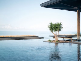 Uma piscina infinita com vista para o oceano, uma palmeira e uma área de estar coberta.