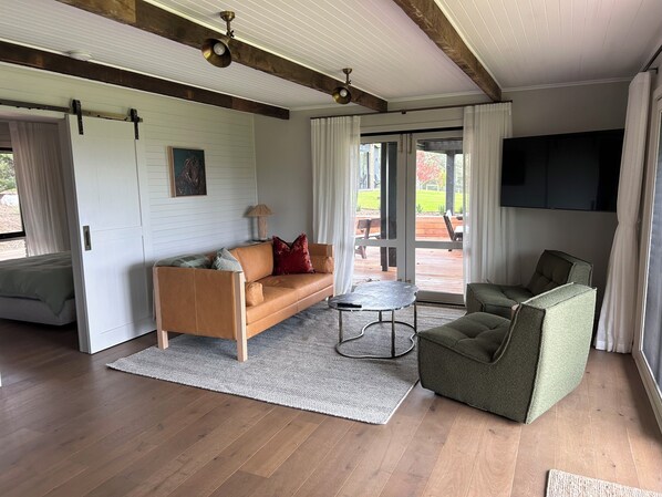 TV connectée, cheminée, livres