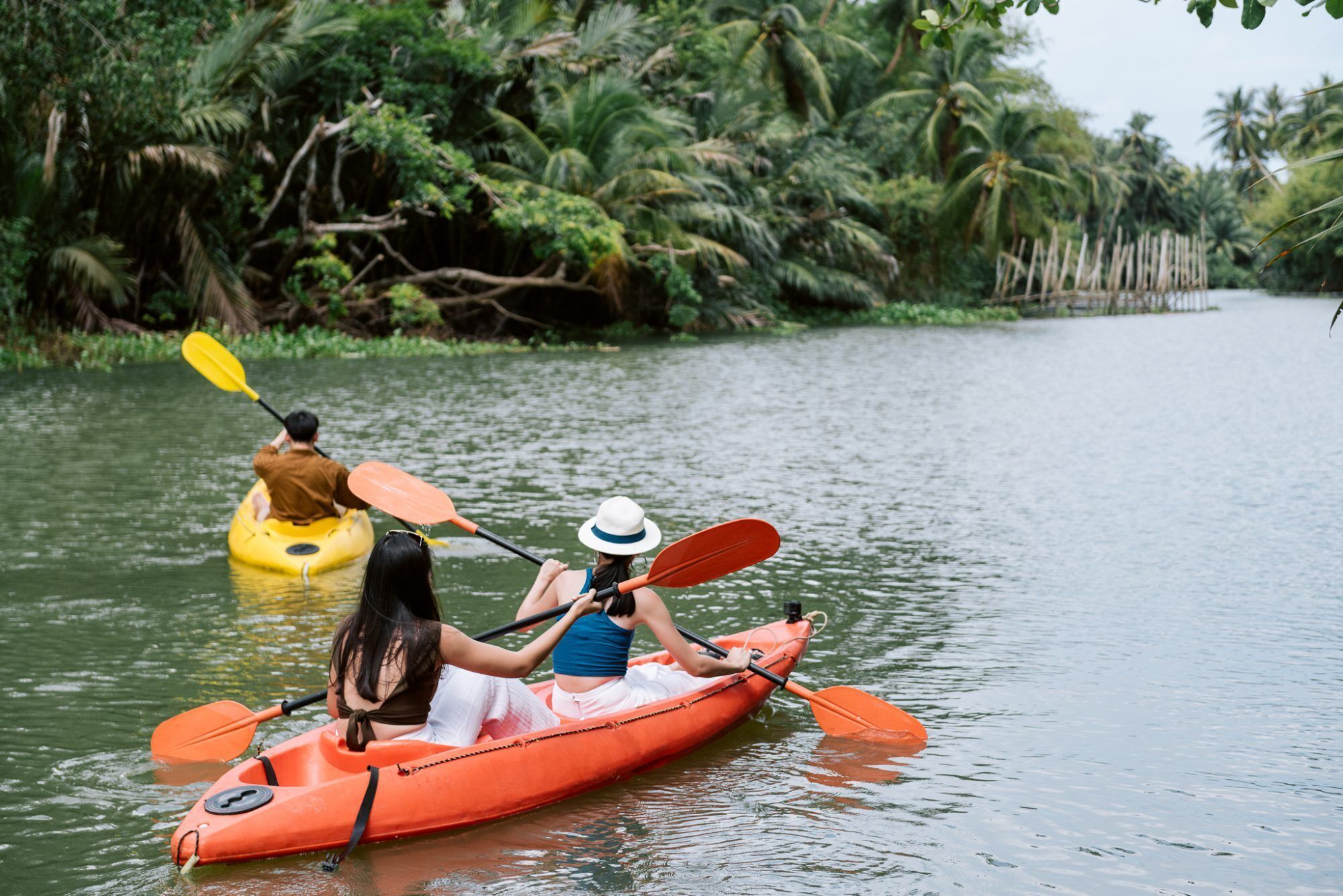 A river scene with kayaks.