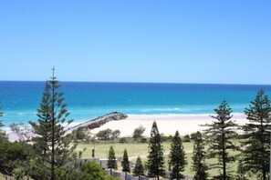 A beach view with clear skies, a sandy beach, and green trees. - Blue C Coolangatta (Coolangatta)