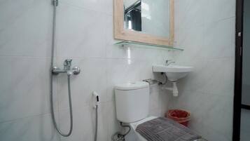 Shower, slippers, towels, soap