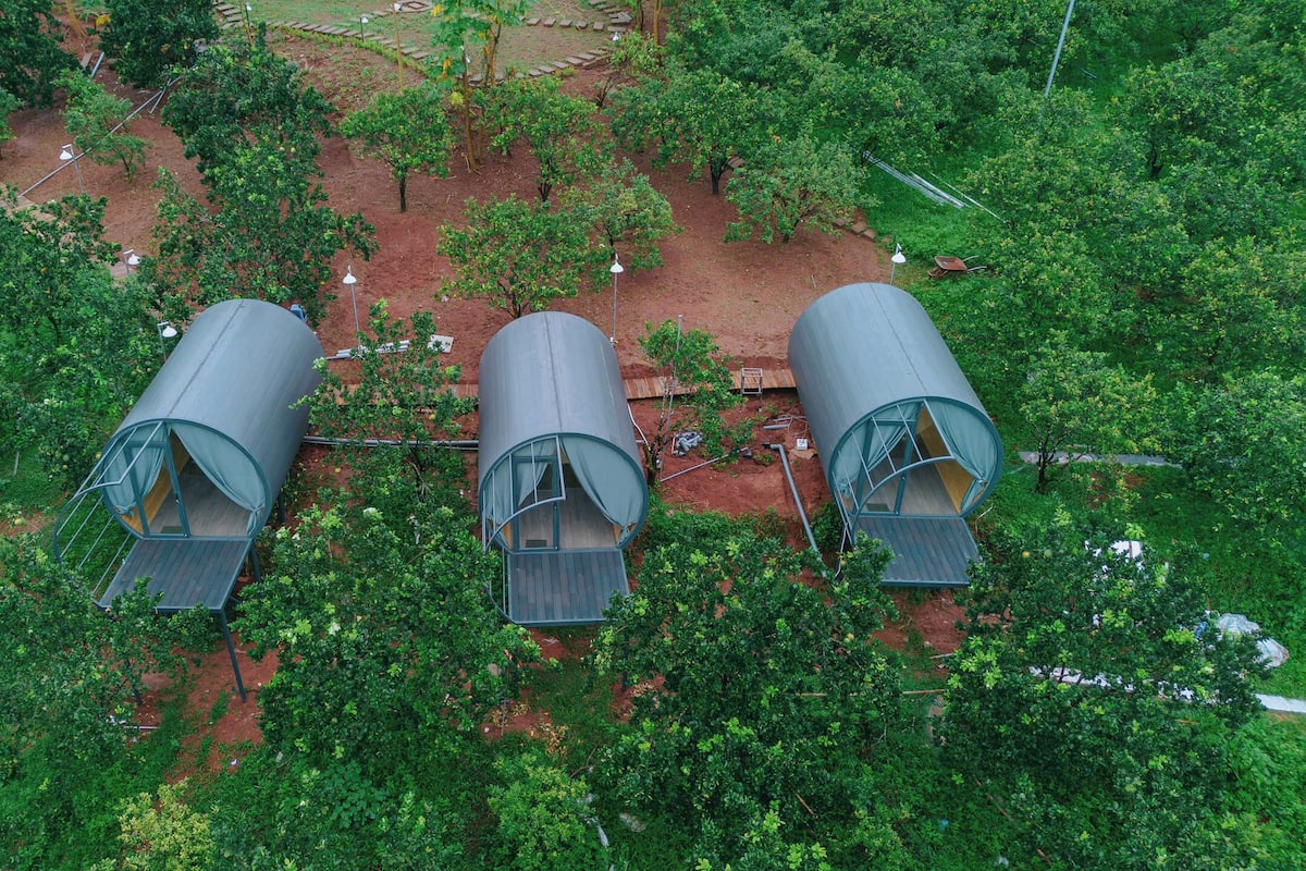 Tres estructuras cilíndricas con techos transparentes, rodeadas de abundante vegetación.