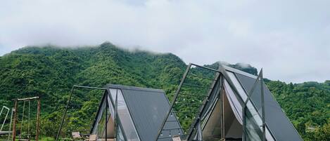 Two modern, triangular tents with glass walls, set on a grassy area with a forested mountain in the background.