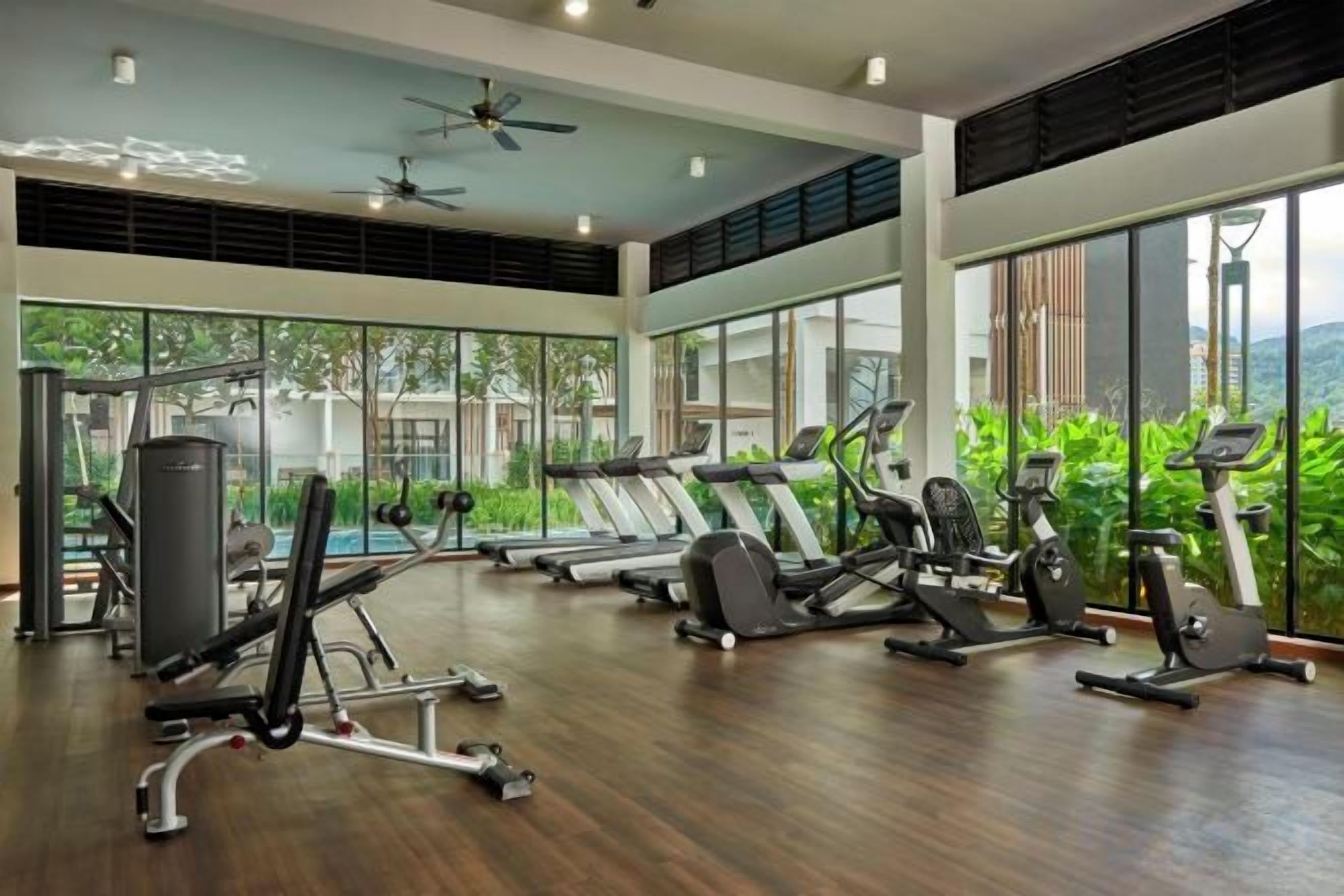 A gym with cardio machines, weight equipment, and large windows offering a view of greenery.