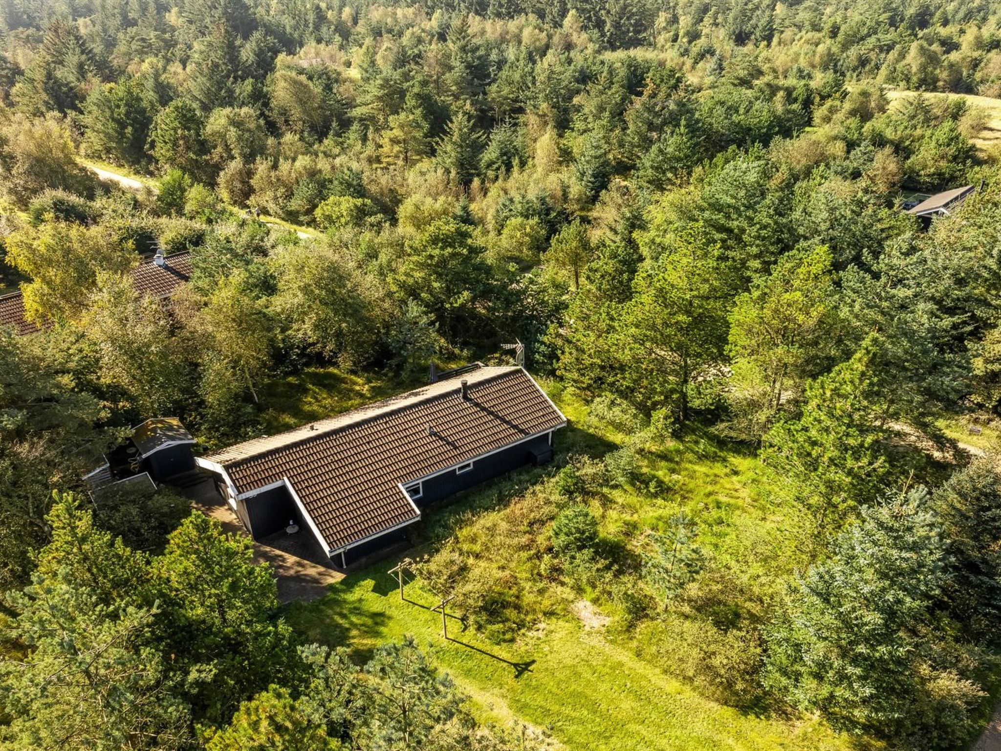 Luchtbeeld van een huis, omringd door dicht bos, met een zichtbaar pad dat naar de ingang leidt.