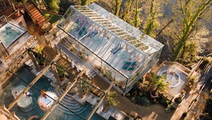 A glasshouse structure with a pool and outdoor seating area surrounded by trees.