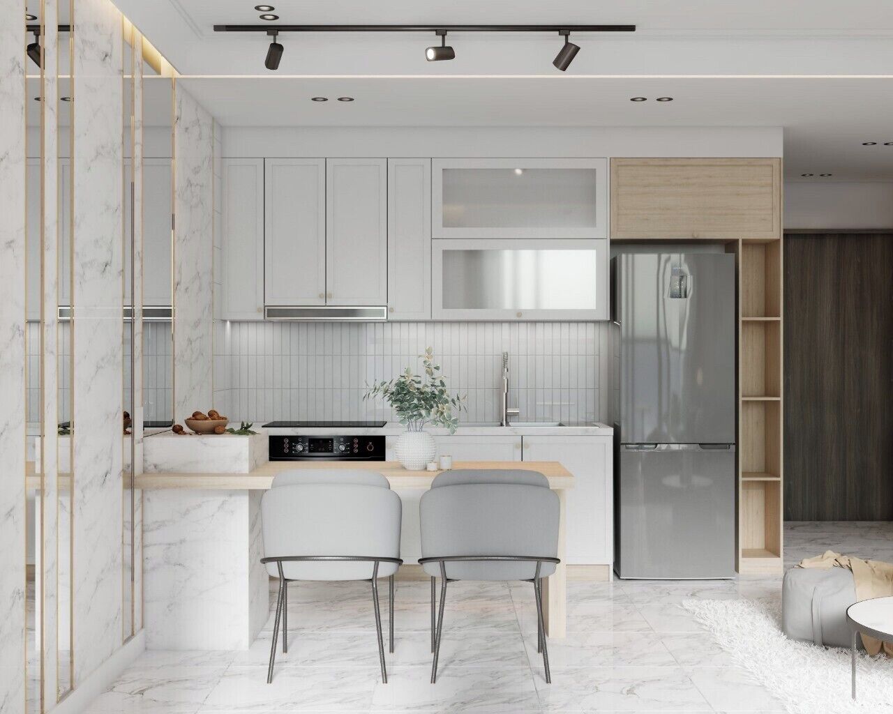 A modern kitchen with white cabinetry, a central island with seating, and a stainless steel refrigerator.