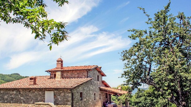 A stone building with a tiled roof, a stone staircase, and a grassy lawn. - Stunning  villa for 12 guests with WIFI, private pool, TV, balcony, pets allowed and panoramic v... (Greve In Chianti)