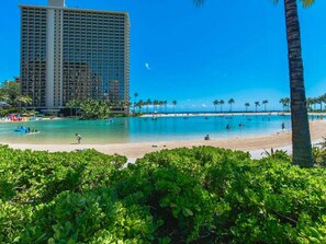 A beach with a tall hotel in the background, clear blue water, and palm trees. - *Newly Renovated Oceanfront Waikiki- Ilikai Marina (Honolulu)