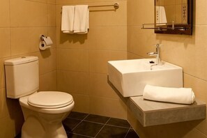 A bathroom with a toilet, sink, and towel rack.