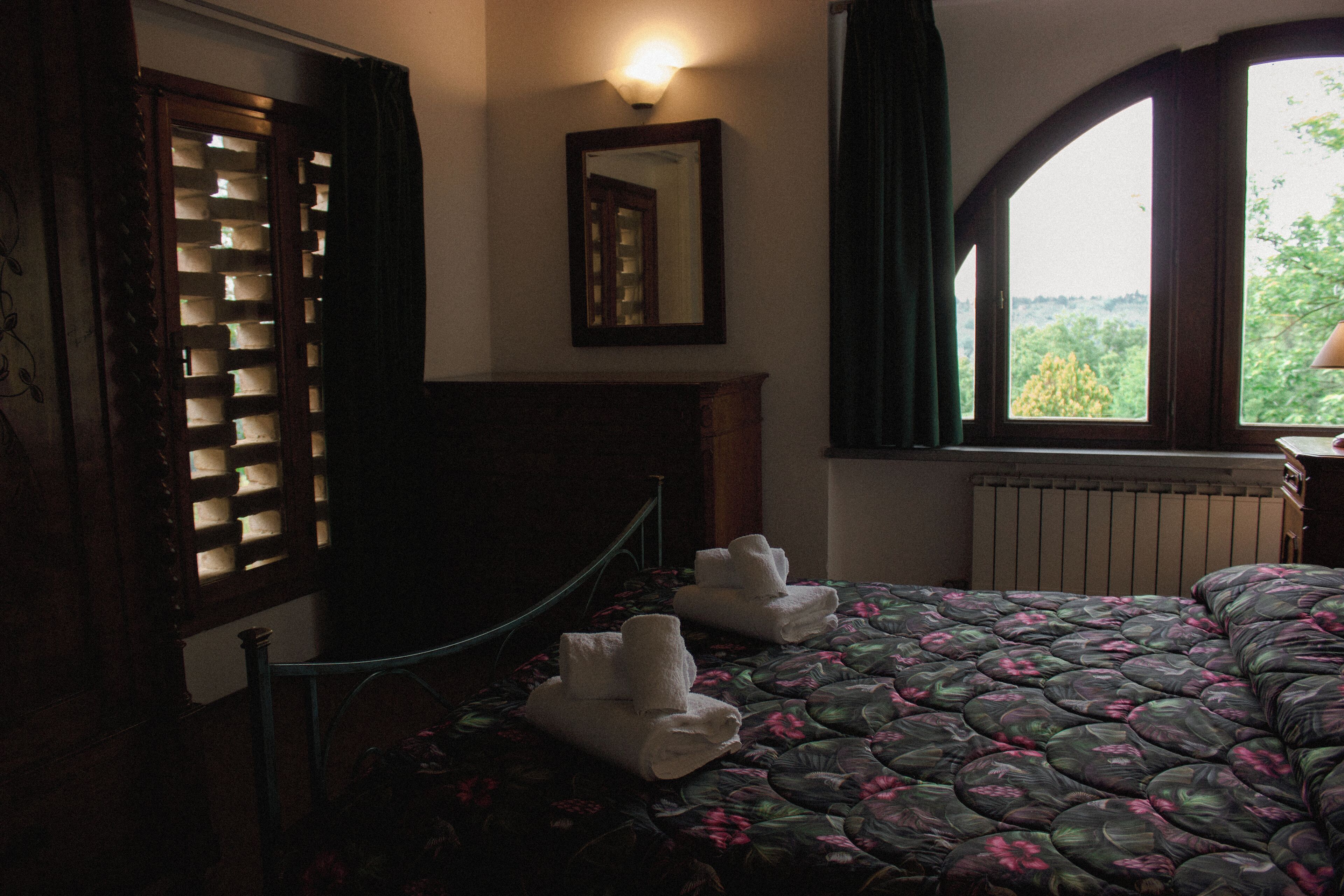 Une chambre d’hôtel avec un grand lit, une fenêtre donnant sur un beau paysage, un miroir au mur et un radiateur.