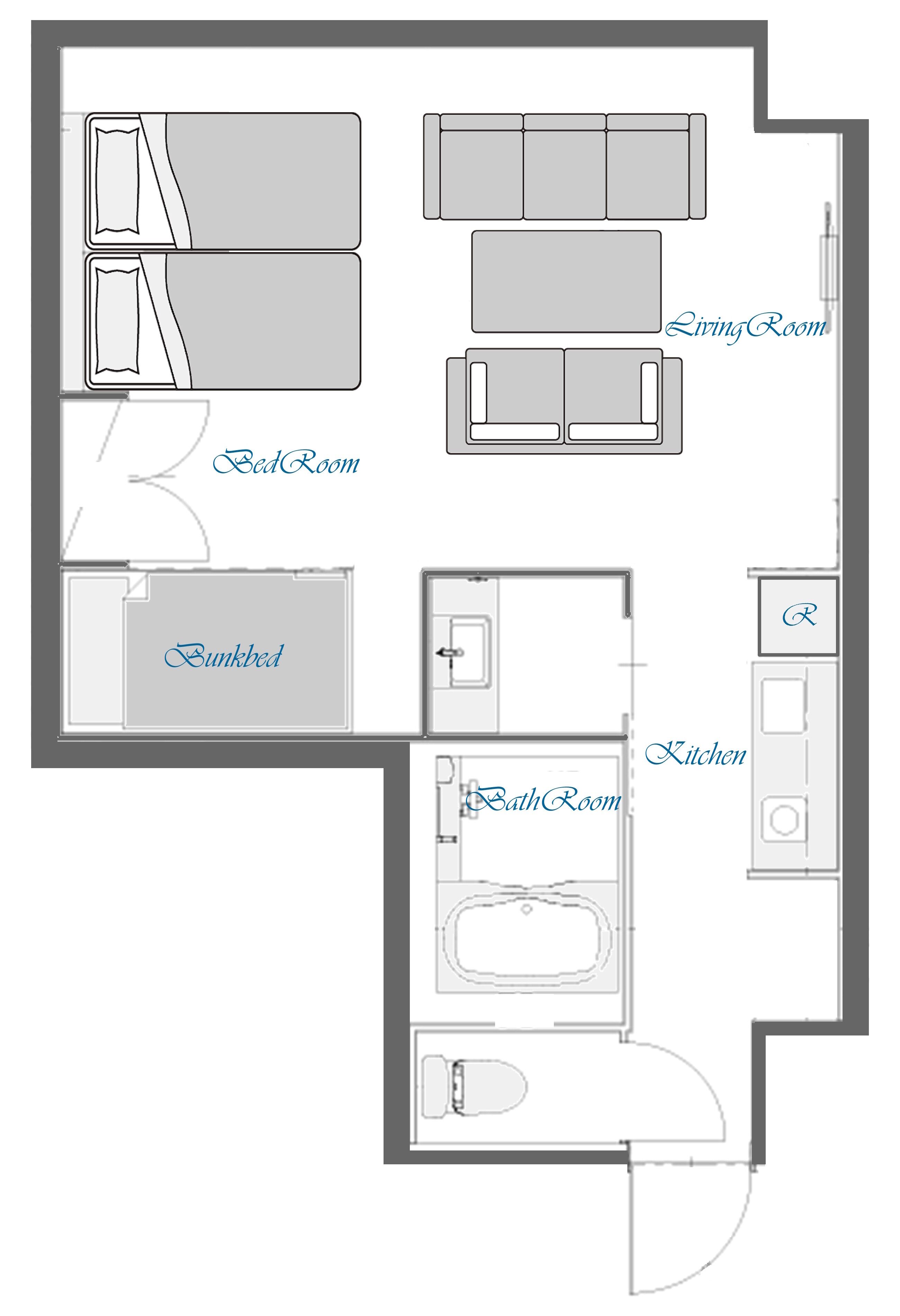 Un plan d’étage d’un hôtel comprenant un salon, une chambre, un lit superposé, une salle de bain et une cuisine.