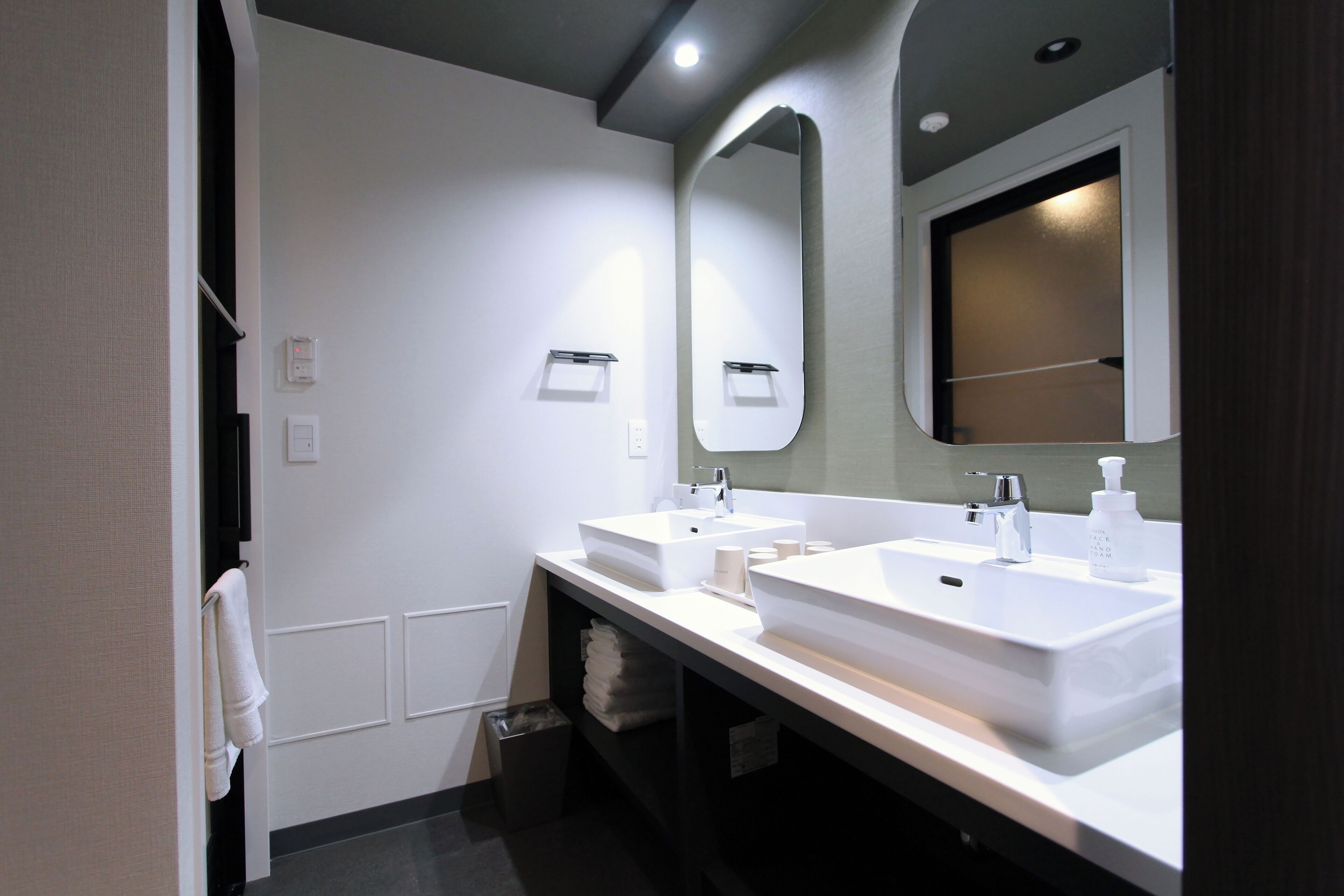 A modern bathroom with two sinks, a large mirror, and a towel rack.