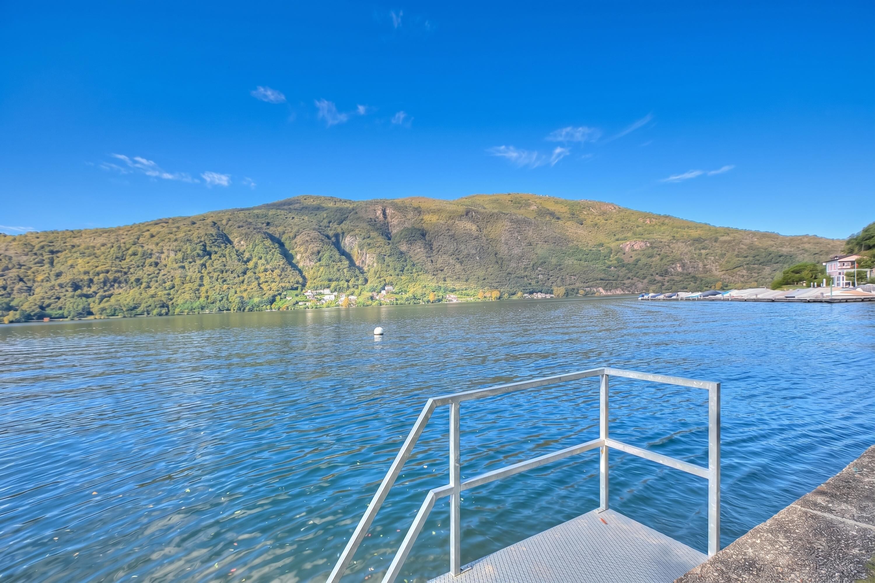 A lake with a dock and a metal railing.