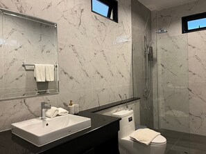 Shower, hair dryer, towels, soap