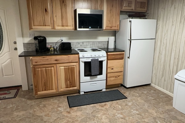 Fridge, microwave, oven, stovetop