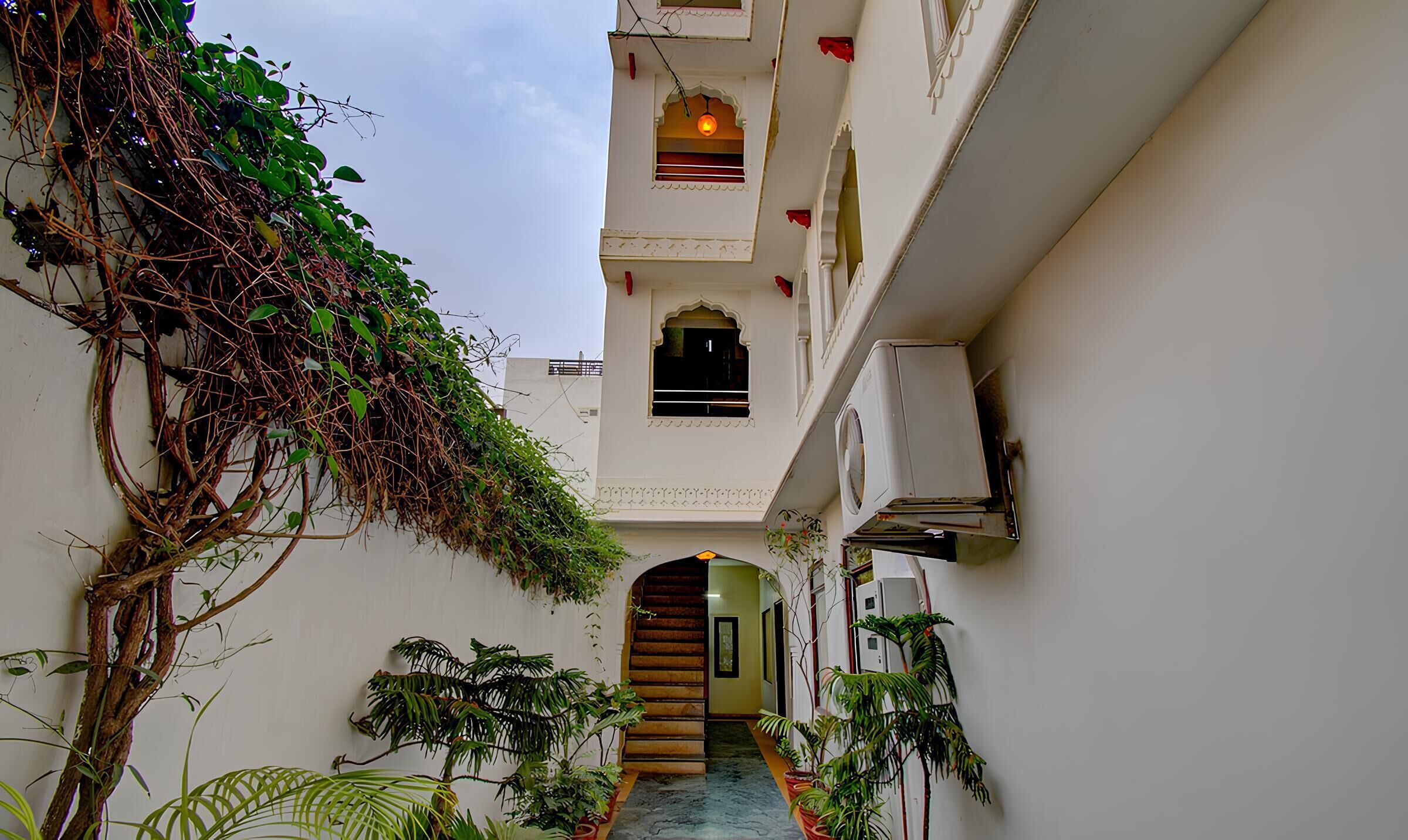 A narrow corridor with a staircase leading to a second floor, surrounded by white walls and potted plants.