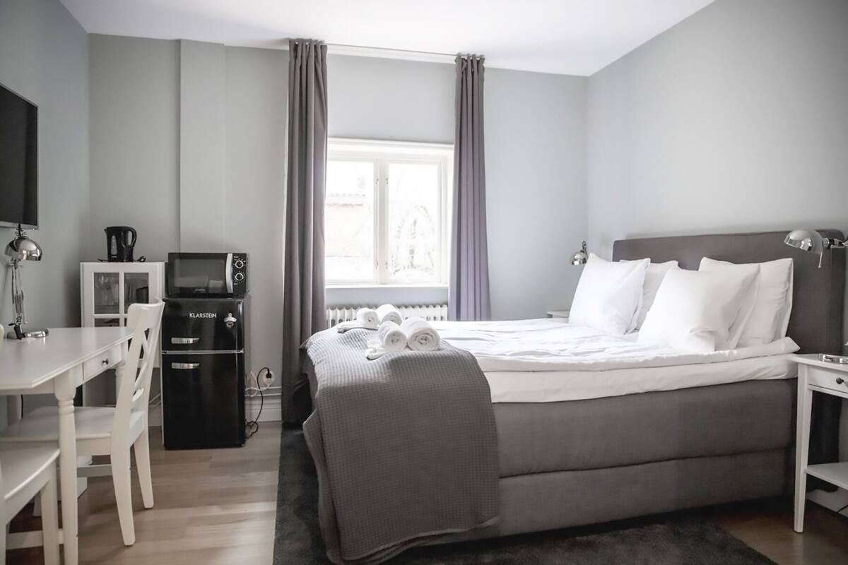 Une chambre à coucher avec un lit, un bureau, une chaise, un téléviseur et un radiateur.