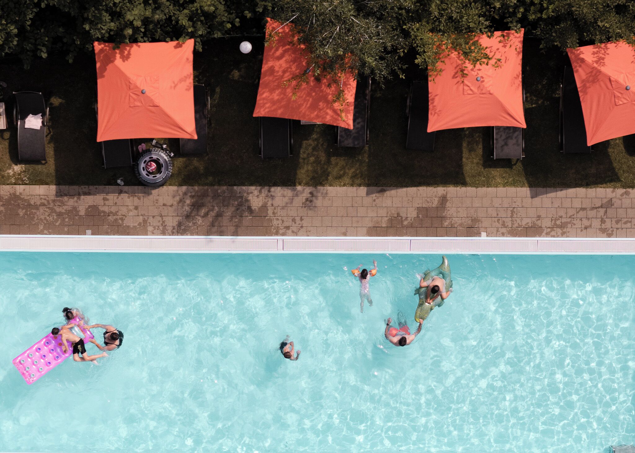 An aerial view of a swimming pool with clear blue water, surrounded by a brick wall and trees.