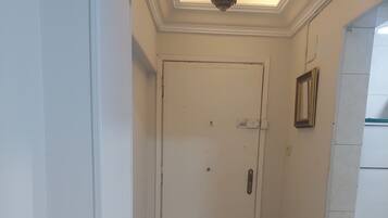 A hallway with a white door, a patterned rug, and a ceiling light fixture.