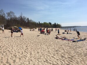 On the beach, sun-loungers