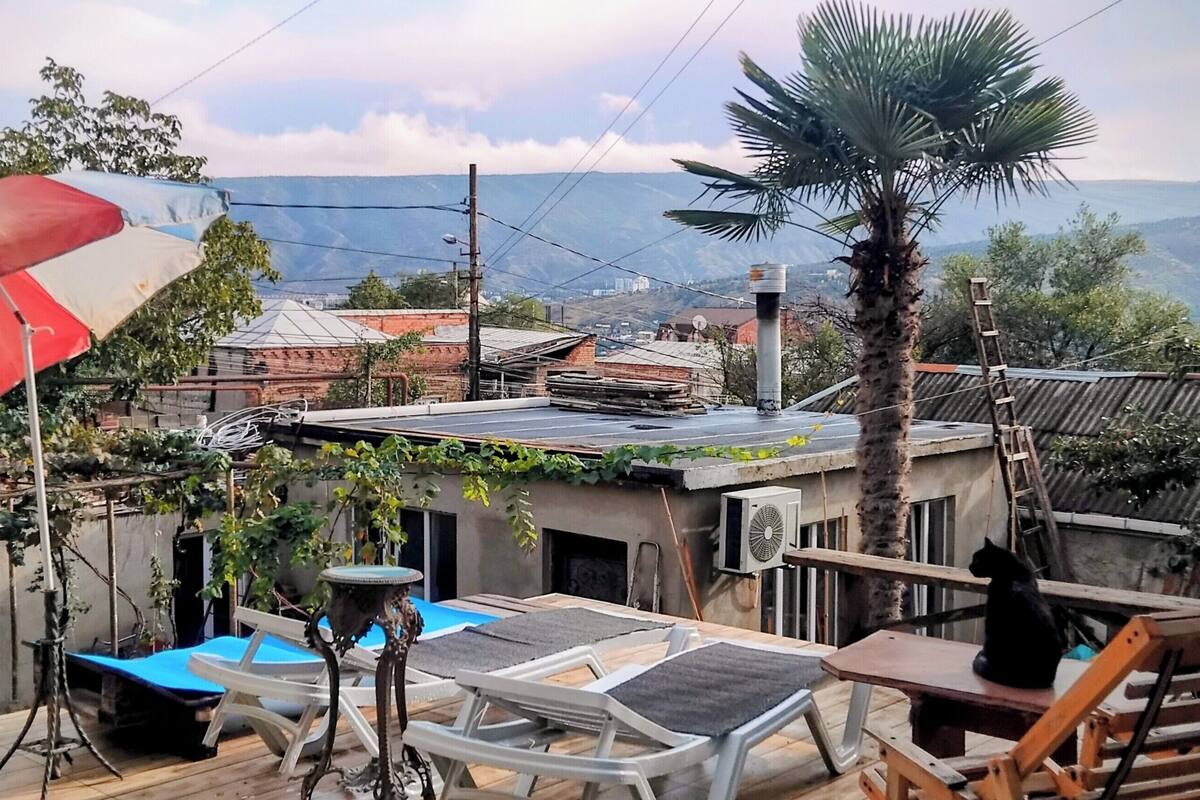 Une terrasse sur le toit offrant une vue sur les montagnes lointaines, un palmier et une table avec des chaises.