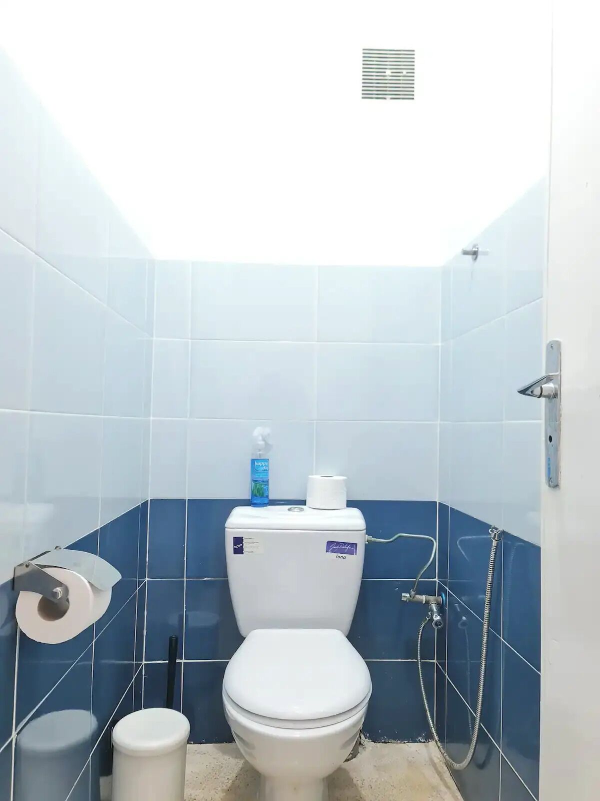 Een kleine, praktische badkamer met toilet, prullenbak en douche.