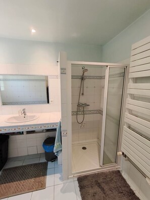 Een badkamer met douche, wastafel en spiegel.